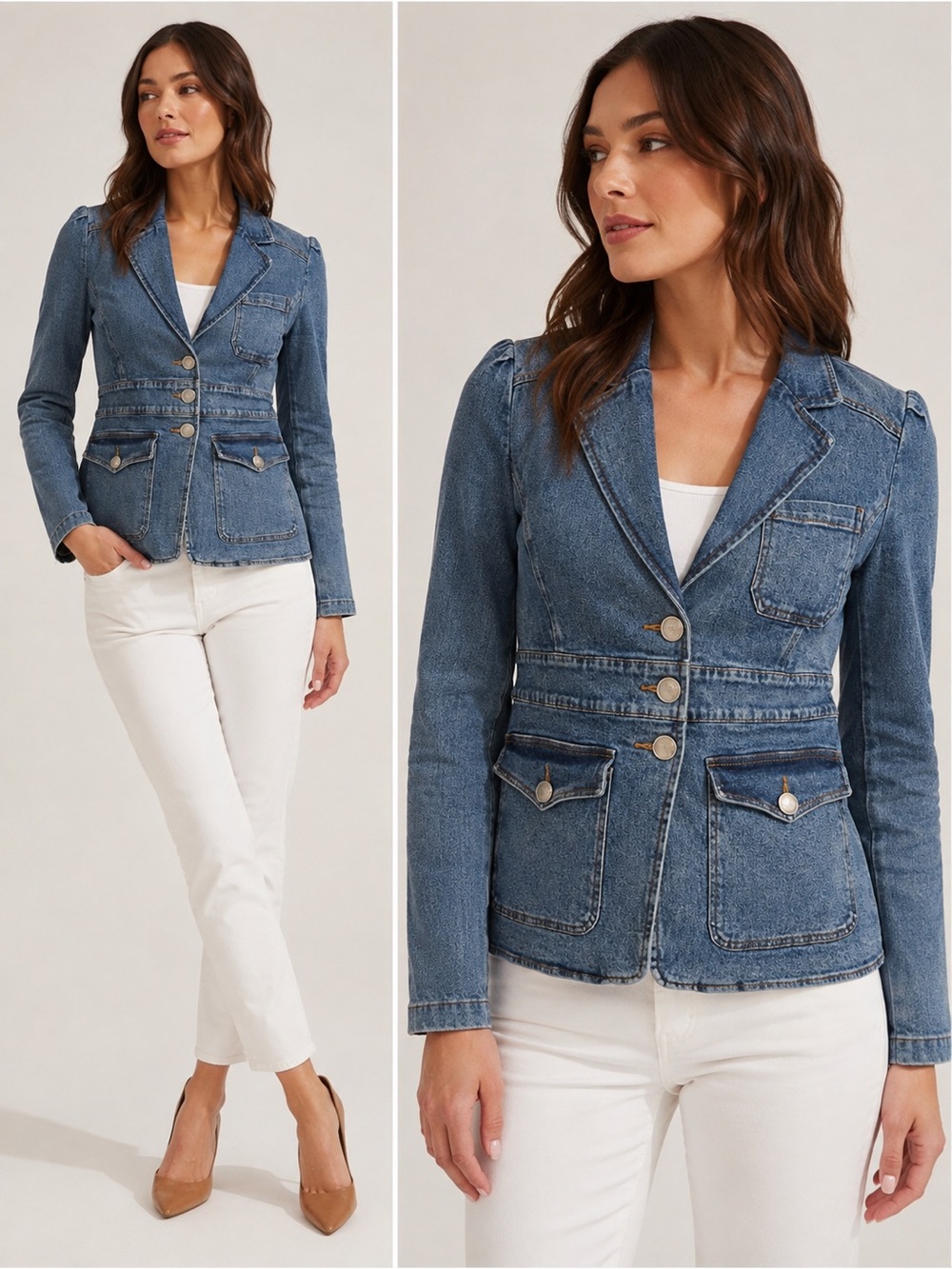 Elie Tahari Denim Blazer Jacket Blue Tailored Pearl Button Utility Pockets sz 6